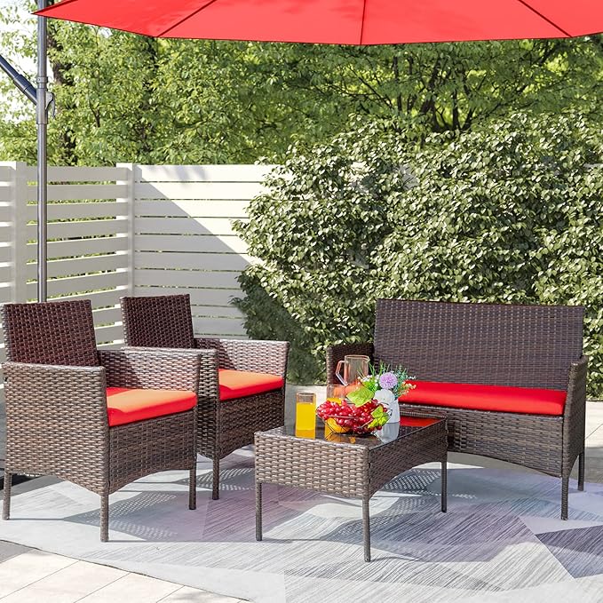 Greesum Patio Furniture 4 Pieces Conversation Sets Outdoor Wicker Rattan Chairs Garden Backyard Balcony Porch Poolside loveseat with Soft Cushion and Glass Table, Brown and Red