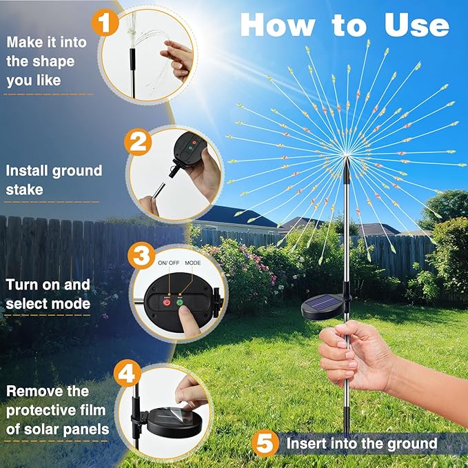 btfarm 4 Pack 120 LED Solar Garden Lights Outdoor, 8 Modes Firework Lights Solar Powered, Waterproof Twinkle Fairy Light Outside for Yard Patio Pathway Pool Christmas Party Decorative, Multicolor