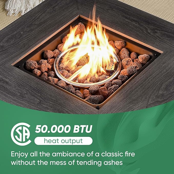 Belord 5 Pieces Wicker Patio Furniture Set: 4 Outdoor Club Chairs Patio Conversation Set with 50000BTU Propane Fire Pit Table, All Weather Grey Rattan Anti-Rust Frame, Brown Cushion