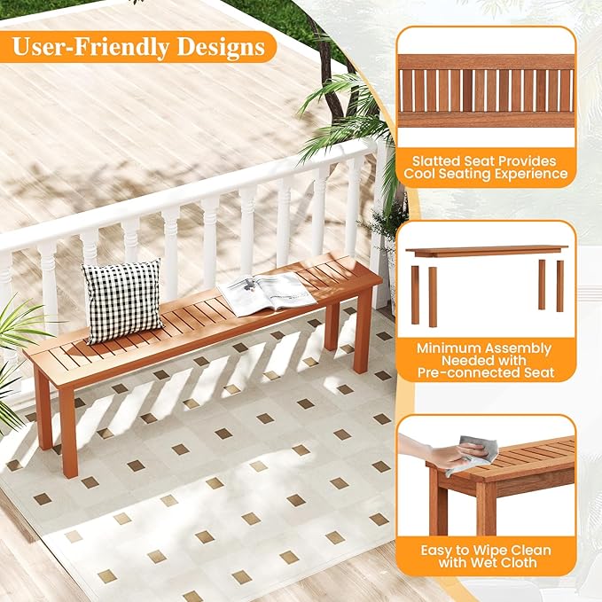 Tangkula Outdoor Wood Bench, 59” Long Patio Dining Bench, Backless Wooden Bench with Teak Oil Finish & Slat Seat, Accent Entryway Bench, Farmhouse Bench for Yard, Garden, Porch, Indoors
