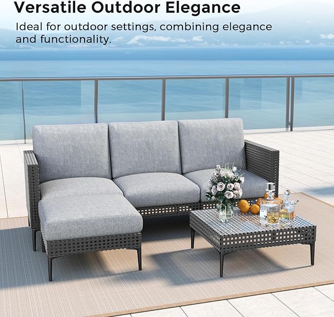 5 Pieces Outdoor Patio Conversation Set – Rattan L-Shaped Corner Sofa Comfortable Thickening Cushions for Garden, Balcony,Weatherproof Waterproof UV Resistance