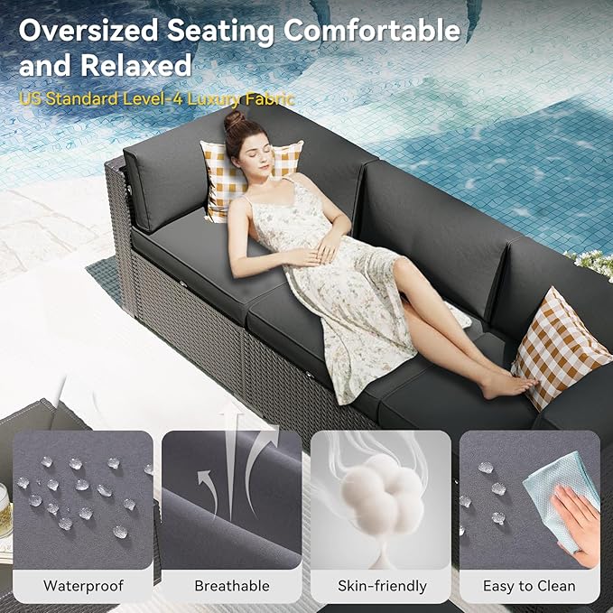 Aoxun Patio Furniture Set, 7 Piece Outdoor Sectional Sofas with Waterproof Cover, Wicker Rattan Outdoor Furniture Patio Conversation Set for Backyard, Garden Dark Grey