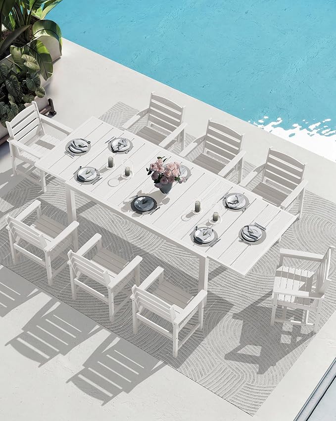 SERWALL 9-Piece Outdoor Dining Set, 60" - 83" Expandable Outdoor Dining Table and 8 HDPE Chairs, All Weather HDPE Outdoor Furniture Set for Backyard, Garden, White