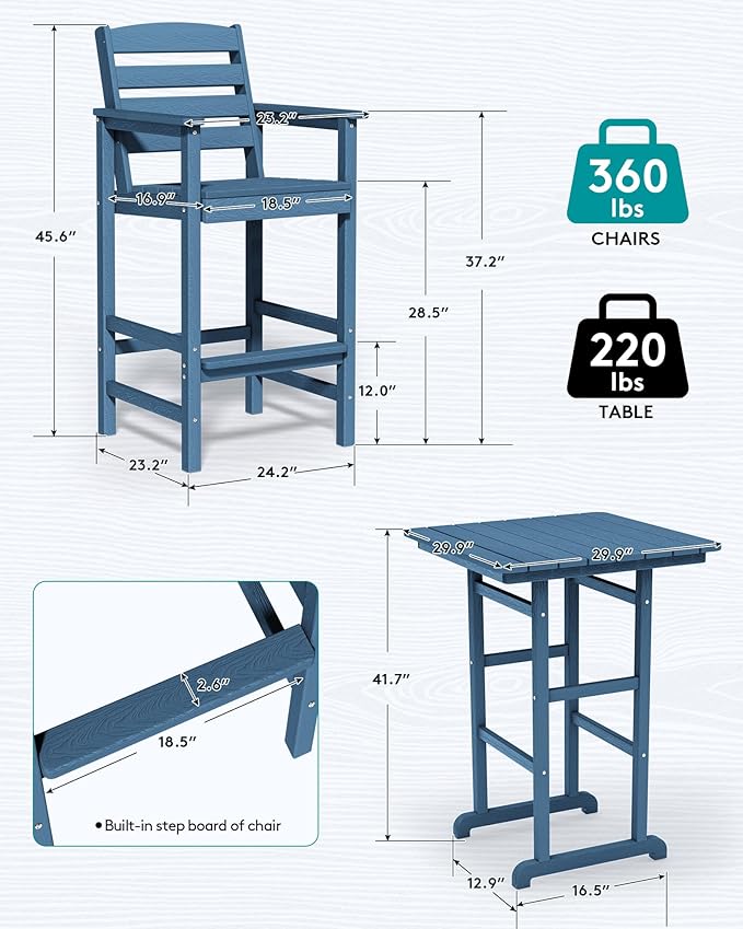 SERWALL 4 Pieces Outdoor Patio Bar Set with 9ft Umbrella, Outdoor HDPE Barstool and Table Furniture Set with Patio Umbrella, Blue
