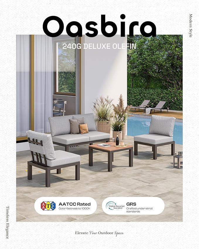 Aluminum Outdoor Patio Sofa Set, 2 Seats Modular Sectional Sofa with Side Table, Thick & Removable Cushions, All-Weather Outdoor Conversation Sets for Garden & Yard, Gray