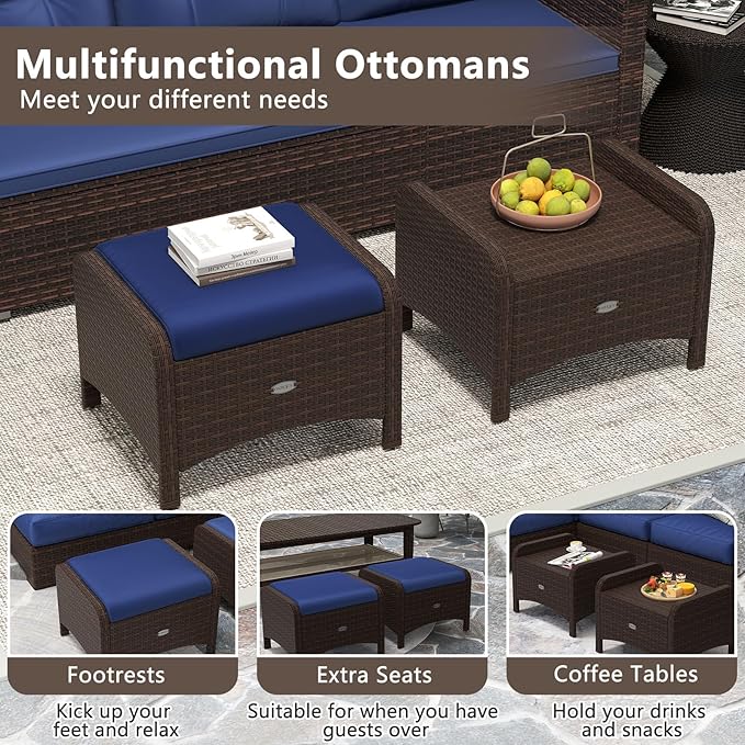 RELAX4LIFE Wicker Outdoor Ottomans for Patio - Set of 2 Rattan Footstools w/Removable Cushions, Multipurpose Outside Foot Rest, Side Table & Additional Seating for Porch Garden Backyard (Navy)