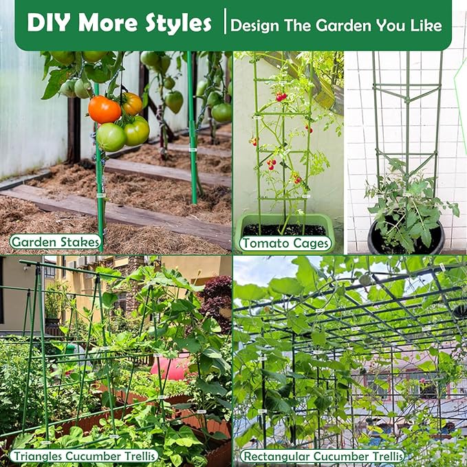 Cludoo 162PCS Garden Stakes Set with 50 Sets Fiberglass Plant Stakes Sticks Supports and Accessories, DIY 4ft 5ft 6ft 7ft Tomato Stakes for Tomato,Vegetables, Pepper, Fences Indoor Outdoor Plants
