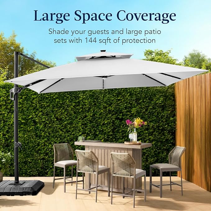 Best Choice Products 12x12ft LED Cantilever Patio Umbrella w/Base Included & 360° Rotation, Large Solar Offset Hanging Outdoor Sun Shade for Deck, Backyard Table w/Stand & Lights – Fog Gray