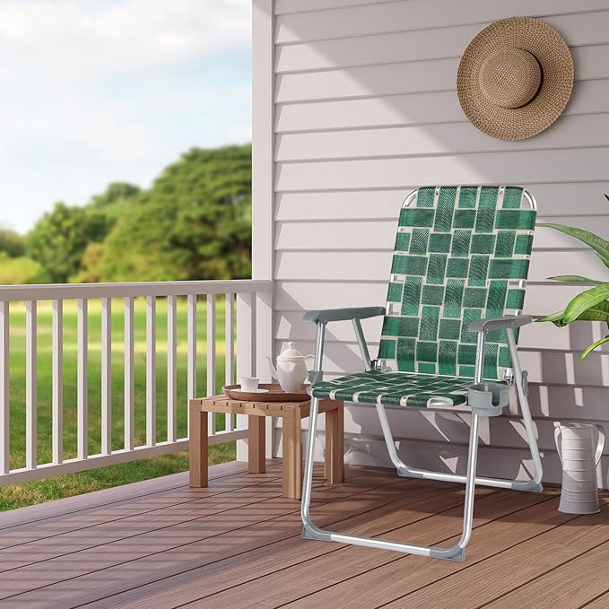 VINGLI Folding Aluminum Webbed Lawn Chairs with Detachable Cup Holder, High Beach Chair for Adults Heavy Duty, Portable Patio Chair, Camping Chair for Yard, Garden, 2 Pack
