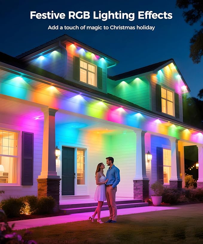 POOFZY Permanent Outdoor Lights for House,100ft RGB+IC Smart Outdoor Decor, 50 Scene Modes,App/Remote Control,IP67 Waterproof,for Christmas,Super Bowl,V-Day,Thanksgiving,Daily & Holiday Party Decor