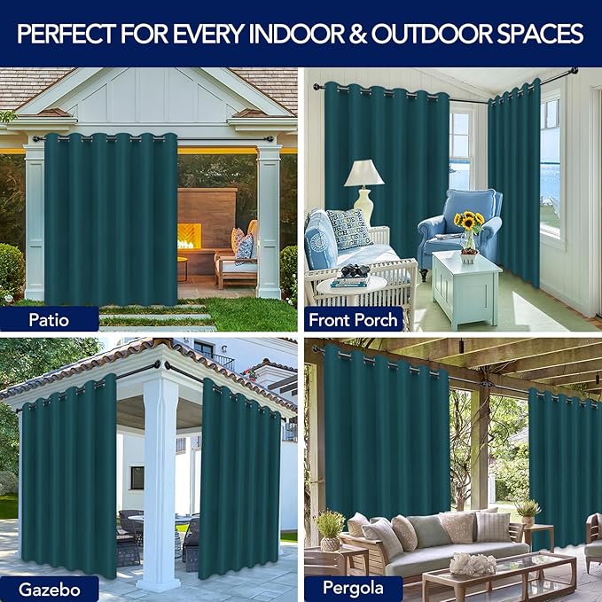 PureFit Outdoor Curtains for Patio Waterproof Weatherproof, UV Resistant Outside Curtains for Gazebo, Front Porch, Pergola, Sun Blocking Privacy Curtain, 100W x 95L inch, 1 Panel, Teal