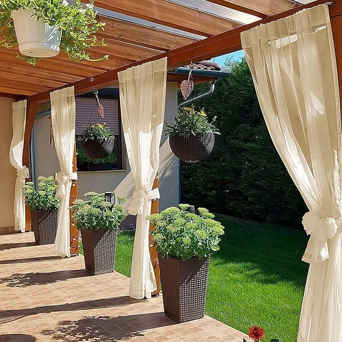 SpaceDresser Waterproof Outdoor Sheer Curtains for Patio - 4 Panels Rod Pocket Indoor Voile Sheer Curtain for Living Room,52W x 108L inch, Beige
