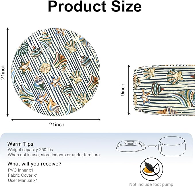Inflatable Ottoman Stool D21 xH9 for Outdoor/Indoor Use, Water Repellent Patio Foot Rest with Portable Handle,Round Pouf Ottoman Suitable for Garden,Deck and Camping-Crayon Shells