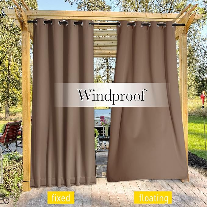 NICETOWN 2 Panels Blackout Patio Waterproof Outdoor Curtains, Insulated Top & Bottom Grommet & Back Tab Windproof Room Darkening Drapes Privacy for Pergola with Fixed Ropes, W46 x L72, Tan-Khaki