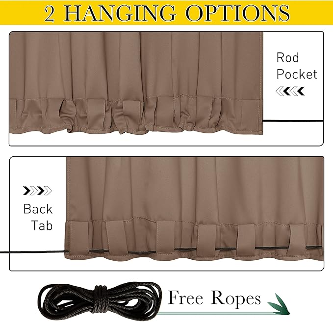 NICETOWN 2 Panels Outdoor Curtains for Patio Waterproof Top & Bottom Grommet & Back Tab, Blackout Outdoor Drapes with Rope for Fixed Windproof Privacy Sun Blocking for Porch, W46 x L90, Tan-Khaki