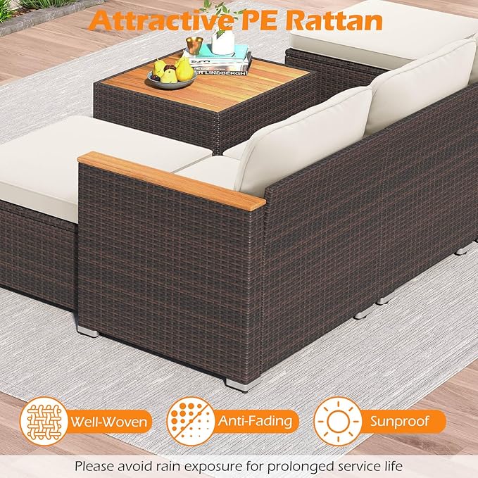 Tangkula 7 Pieces U Shape Outdoor Furniture Set, Patio Rattan Cushioned Chairs & Coffee Table Set, Outdoor Sectional Conversation Sofa with Wood Armrests & Tabletop for Backyard, Porch, Balcony
