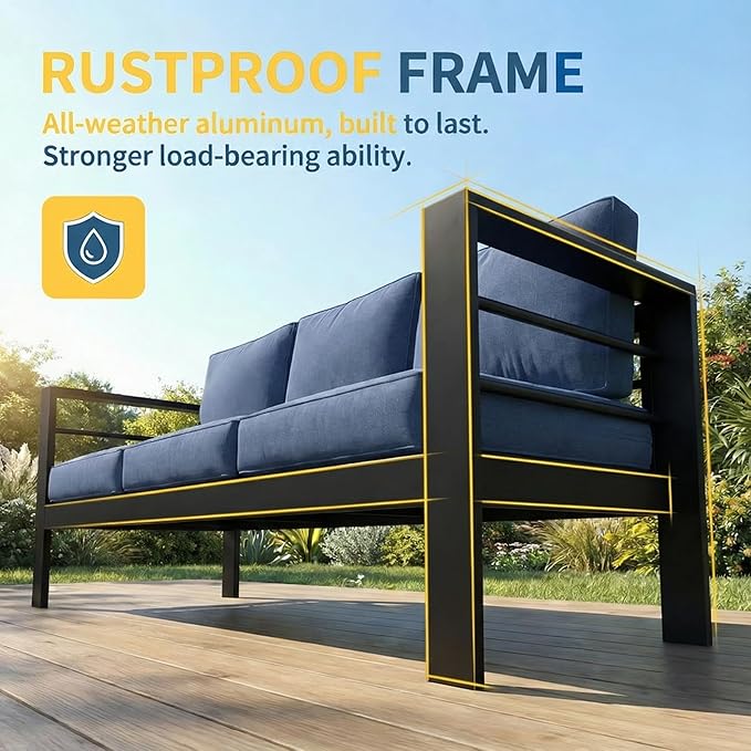 Solaste Aluminum Patio Furniture Set for All Weather, Oversized Metal Outdoor Furniture Set with 27.5" Deep Seating and 3.2" WIde Armrest, Outdoor Patio Conversation Sets with 10’’ Back Suport Cushion