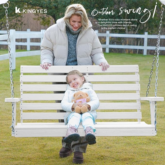 KINGYES Outdoor Hanging Porch Swing Set of 2, Waterproof Swing with Cup Holders for Courtyard & Garden, 660LBS Weight Capacity, White