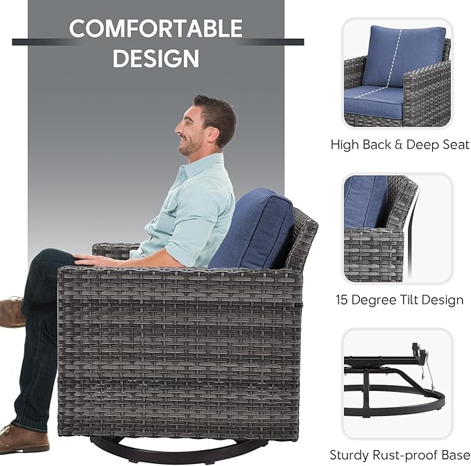 Belord Patio Furniture Set with Fire Pit Table: 9 Pieces Wicker Oversize Patio Conversation Set with Outdoor Swivel Glider Rocker Rattan Couch Ottomans, Anti-Rust Frame, Removable Cushion Blue
