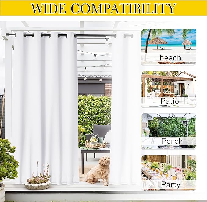 NICETOWN 2 Panels Weighted Blackout Outdoor Curtains for Patio Waterproof, Grommet & Back Tab on top and Bottom Windproof Privacy Thermal Drapes for Cabana with Fixed Rope, W52 x L95, Pure White