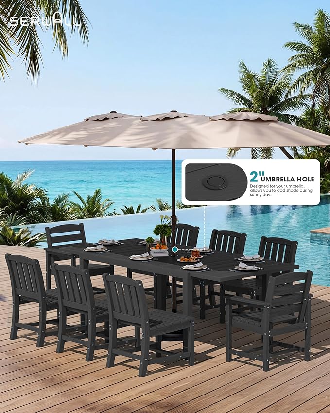 SERWALL 9-Piece Outdoor Dining Set, 60" - 83" Expandable Outdoor Dining Table and 8 HDPE Chairs, All Weather HDPE Outdoor Furniture Set for Backyard, Garden, Black