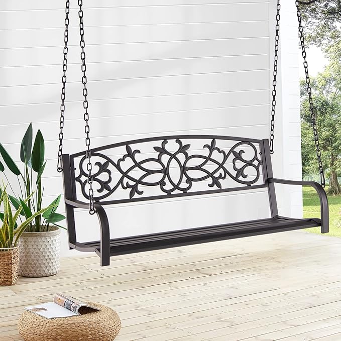 Giantex Patio Metal Porch Swing, 2-Person Hanging Porch Swing Bench with Sturdy Chains & Retro Pattern Backrest, 485 Lbs Weight Capacity Loveseat for Garden, Yard, Front, Outdoor Swing Chairs (Brown)