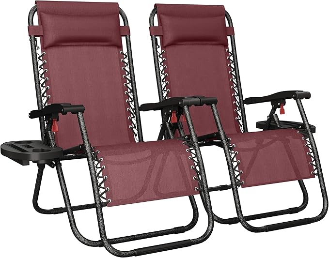 Yaheetech Zero Gravity Recliners Outdoor Adjustable Folding Reclining Lounge Chairs w/Pillows, Cup Holder Trays and Carry Strap for Patio Backyard Beach Burgundy Set of 2