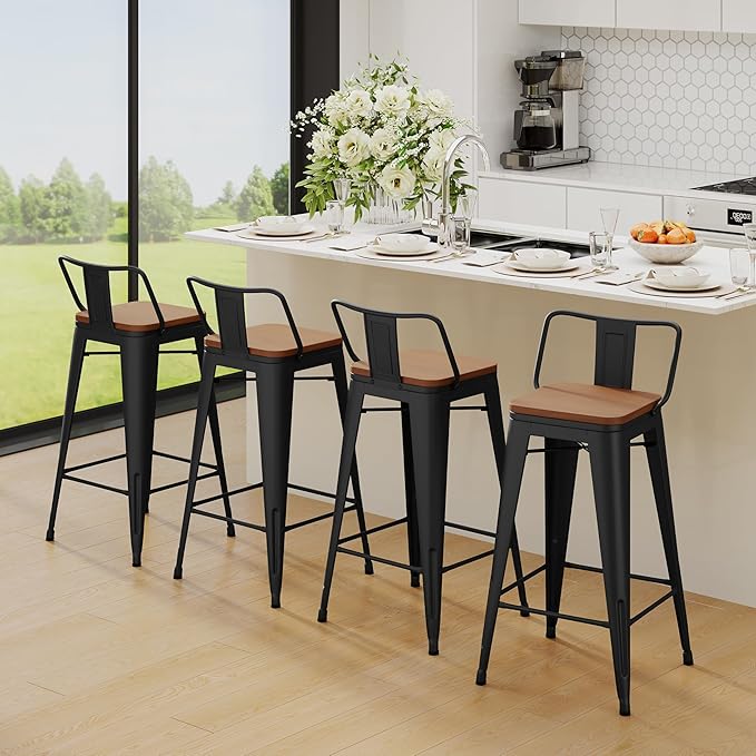 Yongchuang 24" Metal Barstools Set of 2 Counter Bar Stools with Wood Top Low Back Matte Black