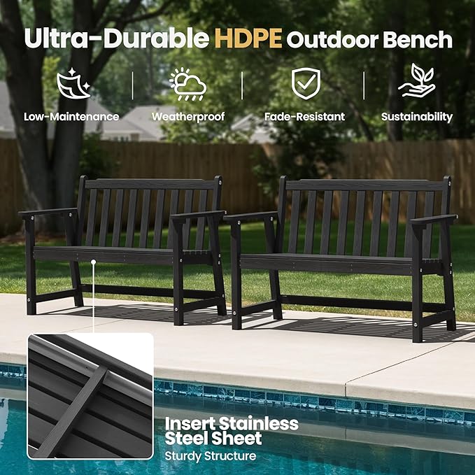 Ciokea 48" Outdoor Bench Set of 2, HDPE Weatherproof Garden Bench, 2-Person Memorial Benches with 550 Lbs, Waterproof Patio Porch Benches for Outside Business Deck Office Backyard Balcony, Black