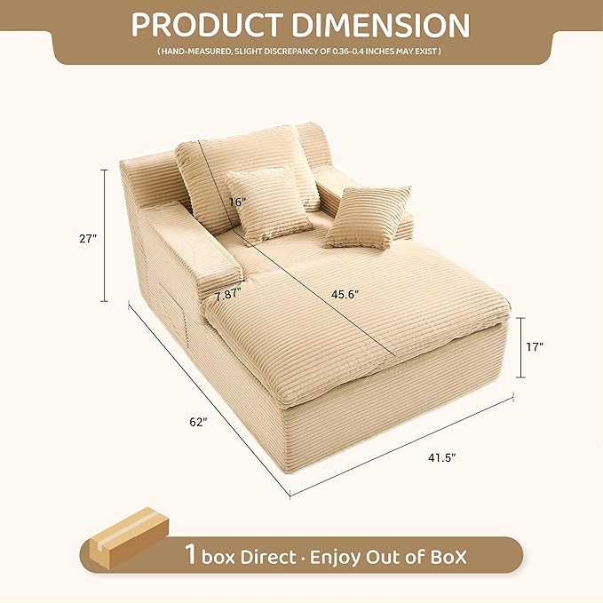 63" Chaise Lounge Chair Indoor, Set of Convertible Sleeper Sofa Couch with Throw Pillows & Side Pockets, Corduroy Upholstered Oversized Sofa Bed with Armrests for Living Room Bedroom, Camel