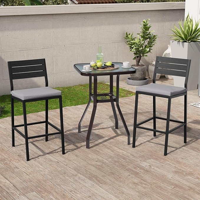 Crestlive Products Outdoor Bar Stools Set of 2, Patio Counter Height Barstools with Cushions, Tall Chairs with Back and Footrest for Deck, Lawn, Garden, Backyard, Poolside, Or Indoor Use (Light Gray)