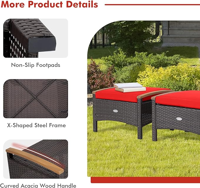Tangkula 2 Piece Patio Rattan Ottomans, Outdoor Wicker Footstool w/Acacia Wood Handles, Soft Zippered Cushions, 3-in-1 Function Footstool Seat & Side Table for Backyard, Balcony, Poolside (Red)