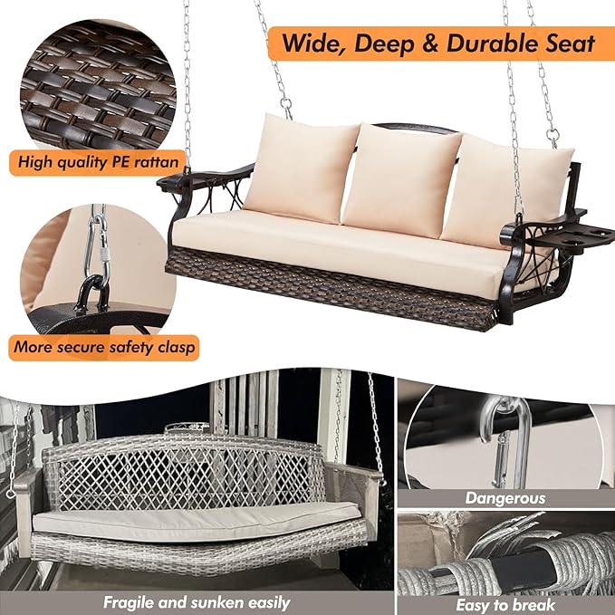 3-Person Wicker Porch Swing Chair Heavy Duty 900 LBS Outdoor Rattan Patio Swing Chair w/Cup-Holder & Steel Chains Hanging Bench Porch Swing Cushions for Deck & Backyard & Garden