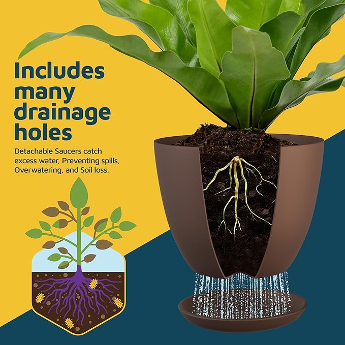 Brown Plant Pots with Drainage Holes & Saucers 3 Pack, Indoor & Outdoor Stackable Space-Saving Planters for Houseplants & Flowers, (7", 6.7", and 6" Inches), Durable & Weatherproof Materials
