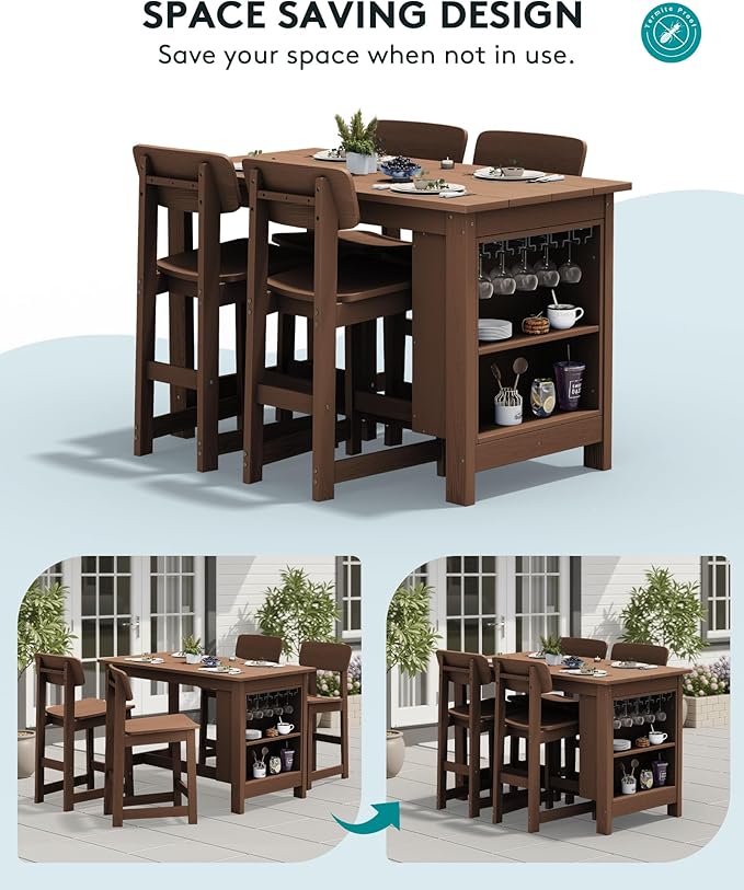 SERWALL Outdoor Bar Table and Chairs Set, 5-Piece HDPE Counter Height Patio Dining Sets with Storage and Wine Rack, Rectangular High Top Bar Table with 4 Bar Stools for Garden, Backyard, Brown