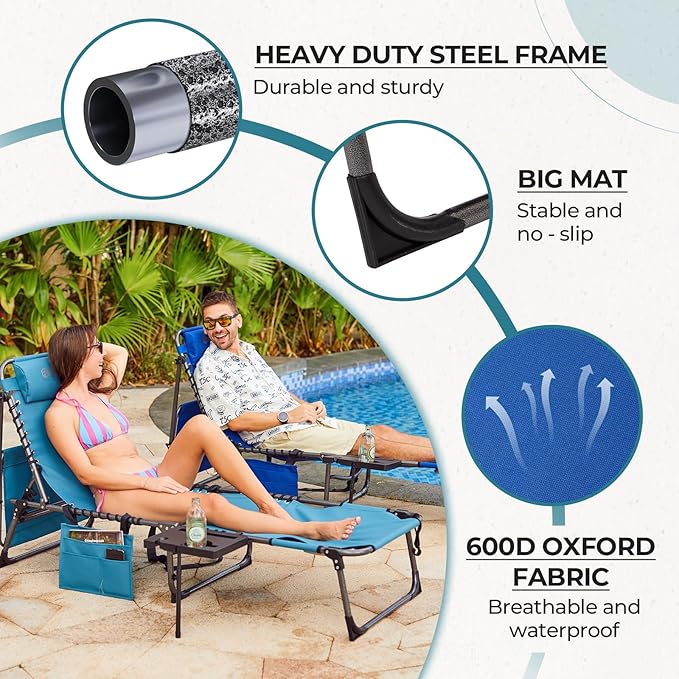 FUNDANGO 4 in 1 Tanning Chair with Face Hole, Beach Lounge Chair w/Canopy Shade & Side Table Chaise Lounge Chairs for Patio, Pool, Lawn, Sunbathing, 5-Position Adjustable Sun Lounger, Blue