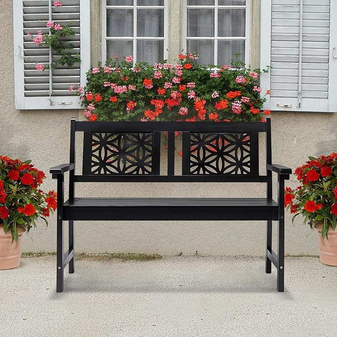 VINGLI 47" Outdoor Wood Bench, All Weather Outdoor Wooden Patio Garden Bench, Outside Loveseat 660lbs Capacity for Front Porch Park Entryway (Black)