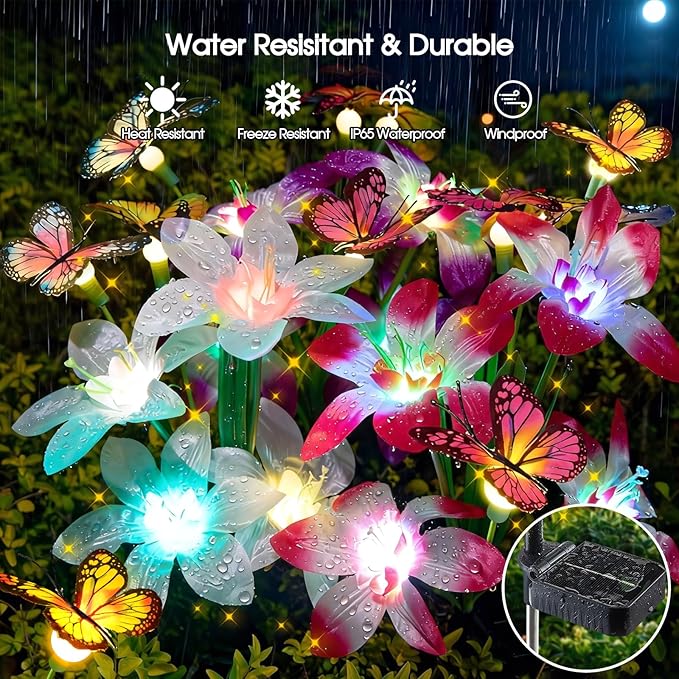Garpar Solar Lily Lights with Swaying Butterflies, Upgraded Garden Solar Lights Outdoor Decorative, Waterproof Color Changing Garden Decor for Outside Yard Lawn Pathway Gift for Mom Women Grandma