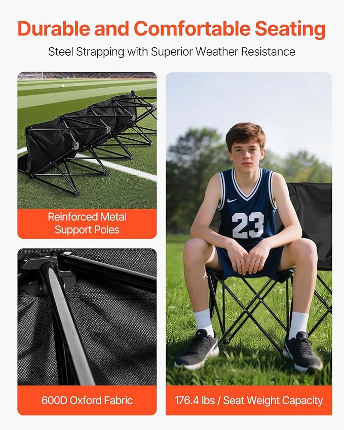 VEVOR Portable Folding Bench, 4 Seat Foldable Soccer Bench with Side Pockets and Carrying Bag, Lightweight Sideline Seating with Back Rest for Football, Baseball, Camping, Outdoor Events, Black