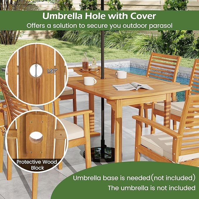 Tangkula 7 Piece Patio Acacia Wood Dining Set for 6, Patio Rectangle Table with Umbrella Hole & 6 Cushioned Armchairs, for Backyard Garden Poolside Deck, Natural
