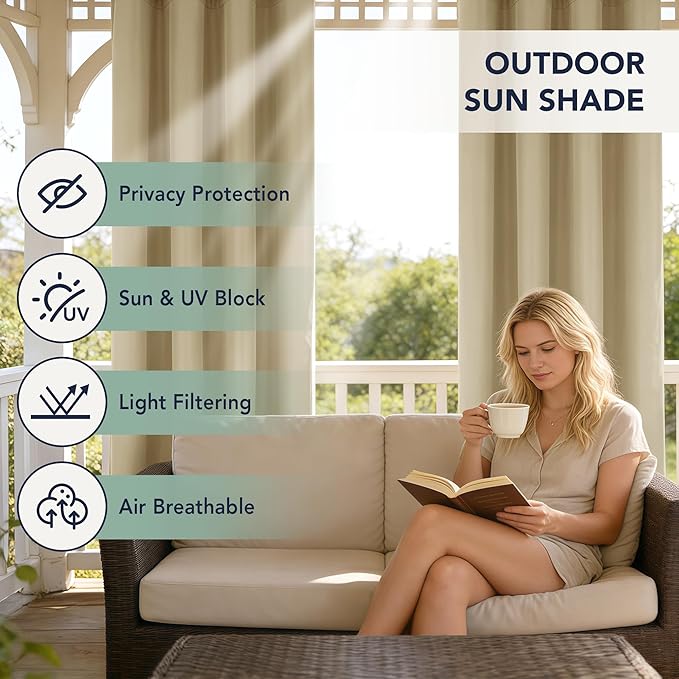 Extra Wide Outdoor Curtains Waterproof for Patio - 6 Panels Privacy Weatherproof Outside Curtains with Grommets for Gazebo, Pergola, Porch, Cabana, Balcony, 110 x 84 Inch, Cream