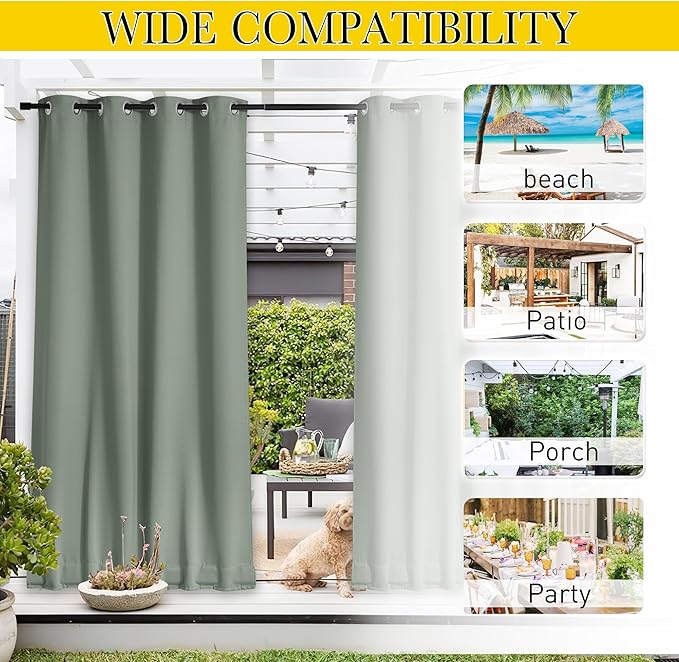 NICETOWN 2 Panels Outdoor Curtains for Patio Extra Wide 84", Waterproof & Windproof Grommet & Back Tab Fixed Top and Bottom Thermal Insulated Drapes with Rope for Gazebo, Sage Green, W84 x L84