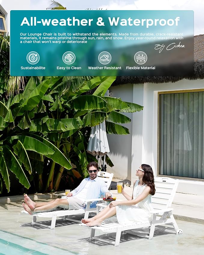 Outdoor Lounge Chair Set of 4, All Weather Patio Chaise Lounge Chairs for Outside, HDPE Chair with Rolling Wheels & Cup Holder, 5 Position, Deck, Pool, White