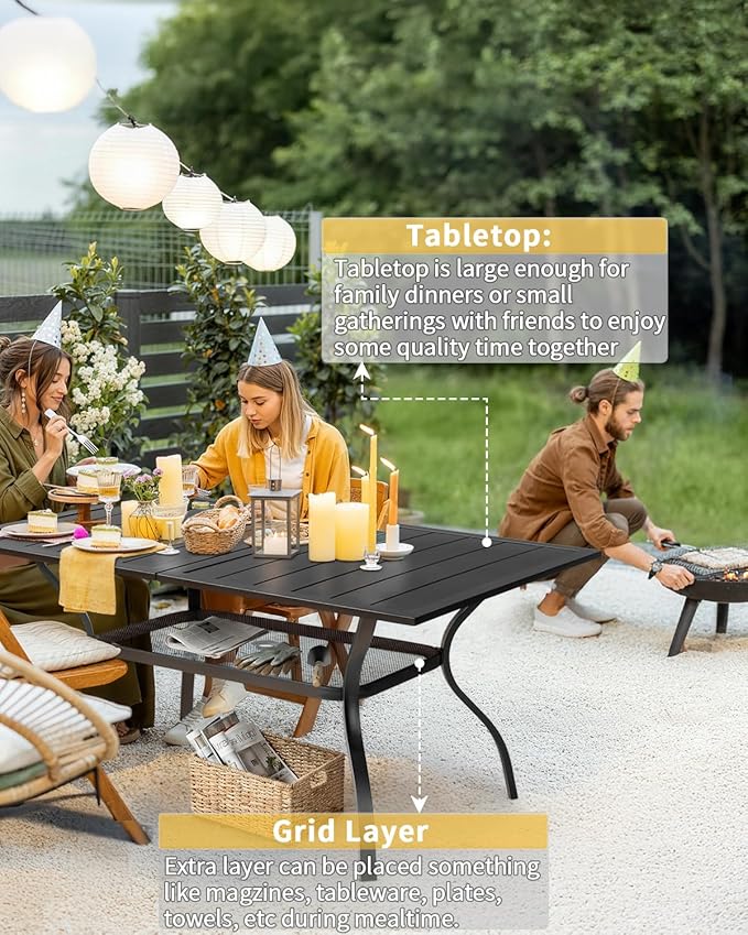 Outvita Outdoor Patio Table for 6 Person, Black Rectangular Metal Frame Patio Classic Dining Table with 1.65" Adjustable Umbrella Hole for Garden Lawn Backyard Deck, 60" L x 35" W x 29" H