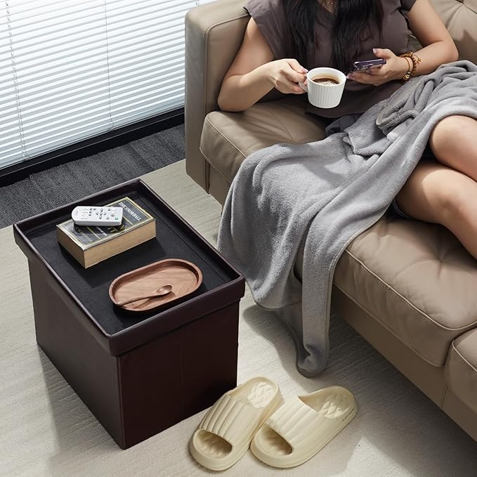 AmasSmile 2PC Storage Ottoman Folding Foot Rest Stool with Side Pocket, 16 inch Leather Footstool Bench, Short Ottoman Bench, Storage Foot Rest Store, Books, Brown
