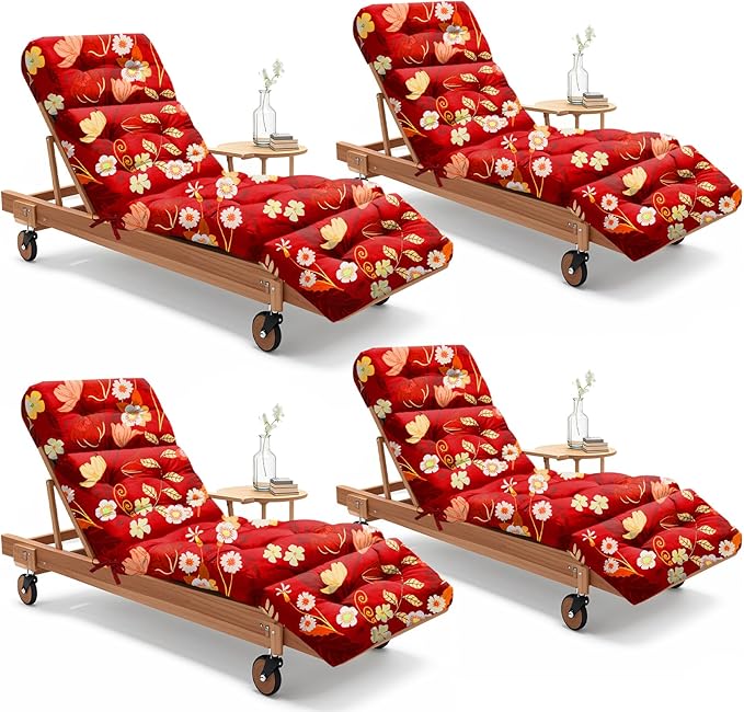 4 Pack Outdoor Chaise Lounge Chair Cushion 75.1 x 22.8 x 4.7 Inches 100% Waterproof Replacement Cotton Patio Pool Lounge Chair Cushion for Outdoor Furniture with Ties, Red Peony