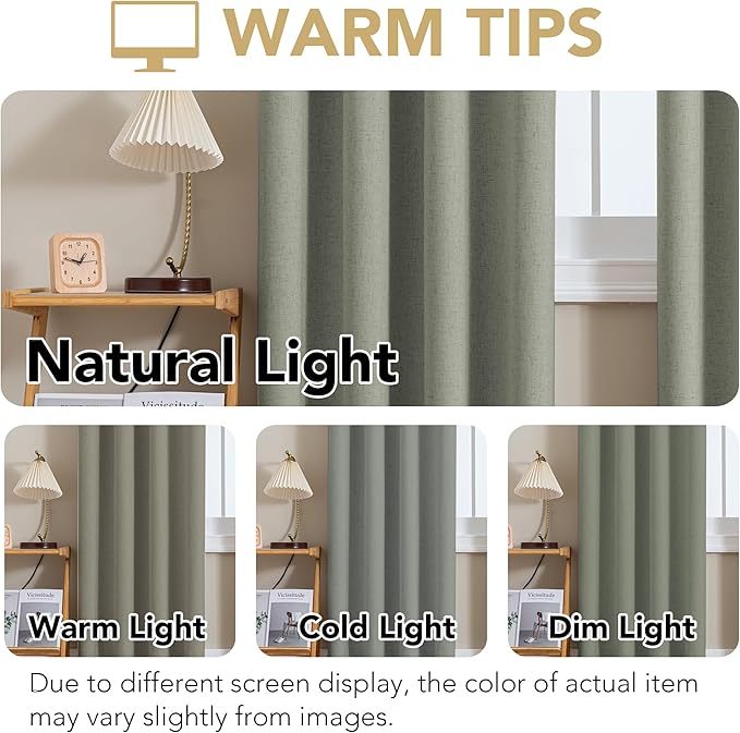 H.VERSAILTEX Linen Curtains 100% Blackout Curtains for Bedroom 102 inch Long Full Light Blocking Nature Linen Blended Window Curtains for Living Room Nickel Grommet (2 Panels, Heathered Dried Sage)