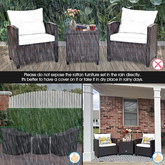Tangkula 3 Pieces Patio Furniture Set, PE Rattan Wicker 3 Pcs Outdoor Sofa Set w/Washable Cushion and Tempered Glass Tabletop, Conversation Furniture for Garden Poolside Balcony (Black)