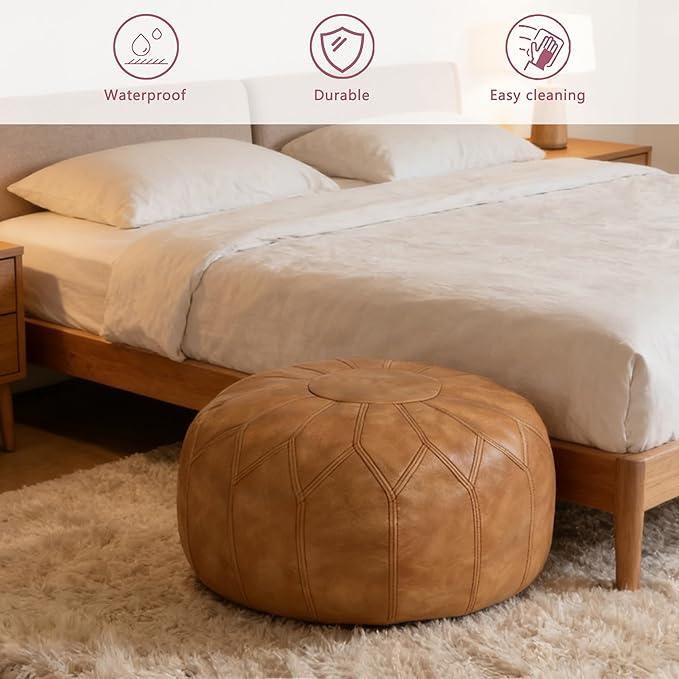 Thgonwid Unstuffed Moroccan Faux Leather Pouf Ottoman with Storage - Handmade Boho Chic Multi-Use Footrest for Living Room, Bedroom, Patio - Round Ethnic Floor Cushion & Decorative Accent, Khaki