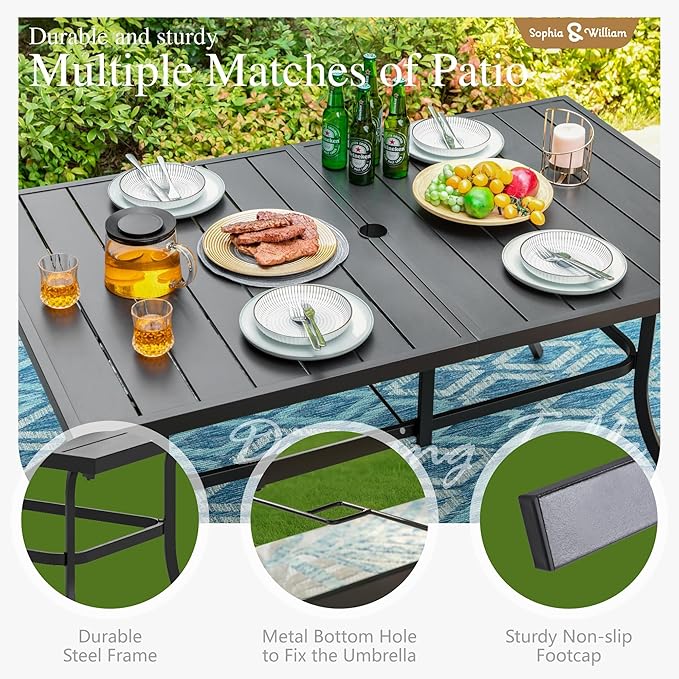 Sophia and William Swivel Patio Dining Set for 6, Outdoor Table and Chairs, Removable Red Seat Cushions, 60" Black Patio Dining Table,Red